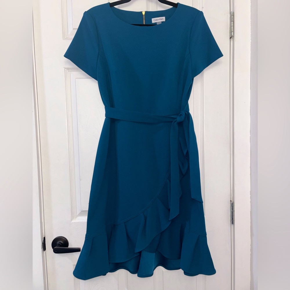 Calvin Klein Turquoise Blue Midi Dress with Waist Tie NWOT